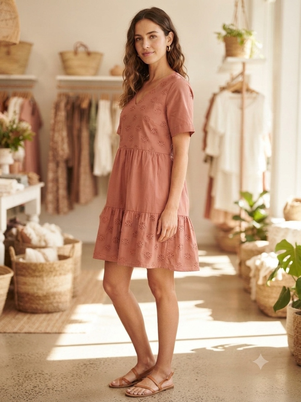 Tiered Eyelet Mini Dress in Dusty Rose